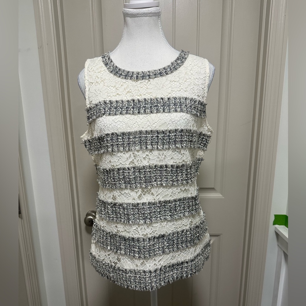 J. Crew Ivory Lace Sleeveless Top with Gray Trim